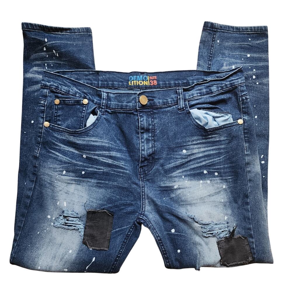 Demolition Jeans Mens Size 38 Distressed Paint Splash Destroyed Blue Denim